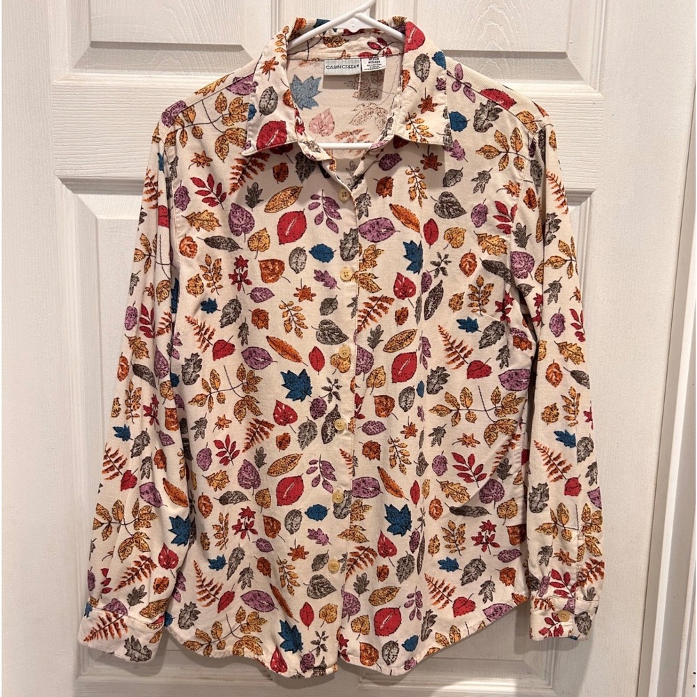 VTG Cabin Creek Women Medium Fine Wale Corduroy Button Down Shirt Autumn Leaves
